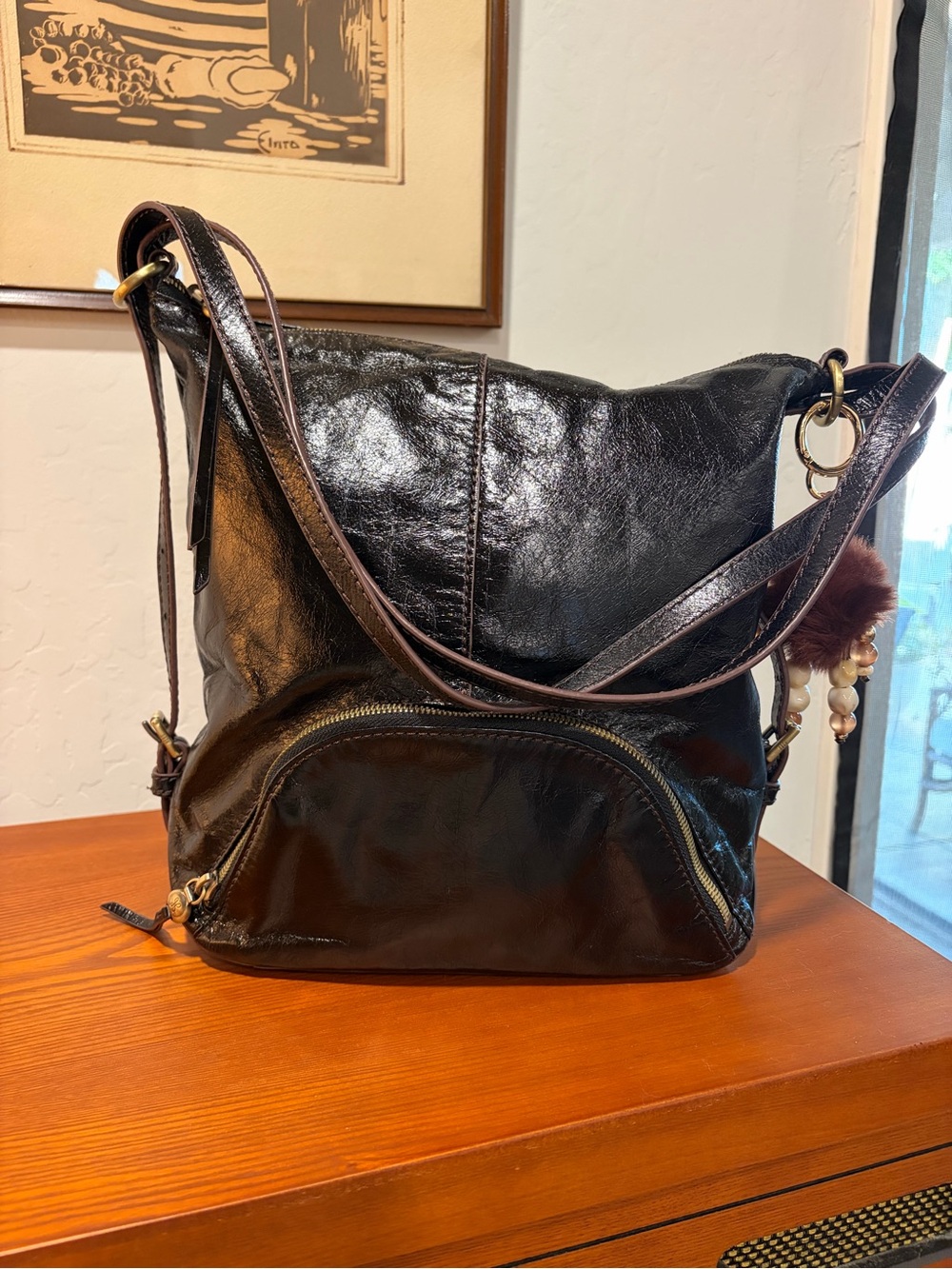 HOBO Black Leather Shoulder Bag with Front Zip Pocket